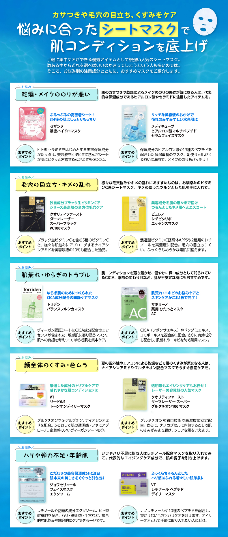 悩みに合ったシートマスクで 肌コンディションを底上げ